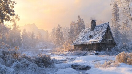 Poster - A cozy wooden cabin stands peacefully in a winter wonderland. Soft golden light caresses the snowy landscape, accentuating the beauty of the quiet morning