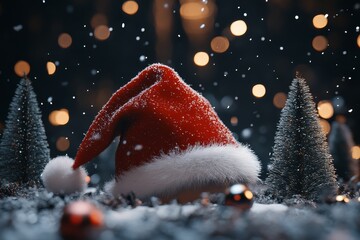 Wall Mural - Red Santa hat with white fur and small pine trees, Christmas decorations with bokeh lights, holiday spirit, hyper-realistic and cinematic style.