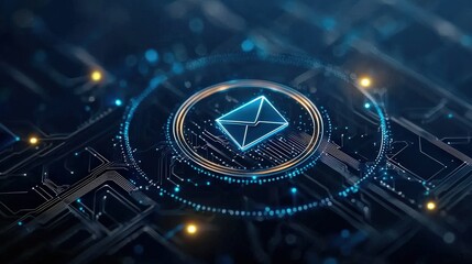 Poster - Shiny blue email icon with digital data streams, representing modern connectivity, high resolution for branding use