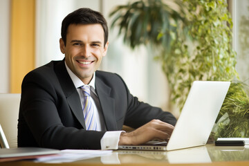 Poster - man in a suit is smiling and sitting at a desk with a laptop. He is happy and content while working on his computer