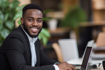 Poster -  man in a suit is smiling and typing on a laptop. He is happy and content while working