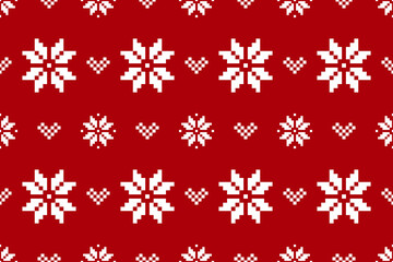 Wall Mural - Pixel Christmas Pattern with White Snowflake Icons on Red Background,Nordic and Scandinavian Style,Ideal for Gift Wrapping,Sweaters,Fabric,Border,Banner and Digital Art Projects During the Holiday