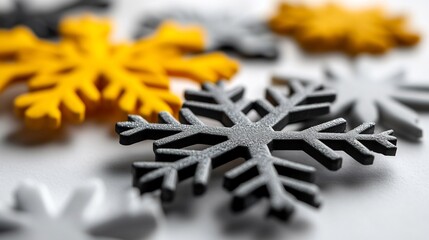 Wall Mural - Close-up of Gray, Yellow, and White Snowflakes