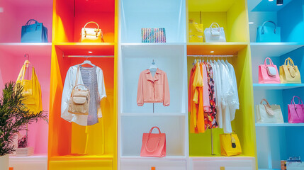 Poster - A vibrant display featuring an array of fashionable bags and clothing. The colorful backdrop enhances the trendy items, creating an inviting shopping atmosphere perfect for fashion enthusiasts