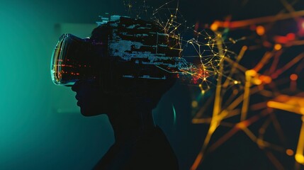 Poster - Immersive virtual reality experience with human silhouette wearing VR headset, surrounded by digital elements and abstract connections, showcasing technology and innovation