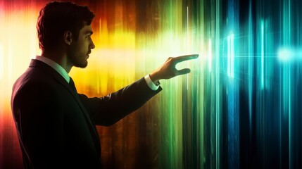 Aufkleber - man in suit interacts with colorful digital light waves, symbolizing technology and innovation. his 
