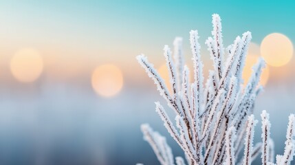 Wall Mural - Frost-covered branches glisten in the soft light of winter morning, showcasing nature's beauty in a tranquil snowy landscape