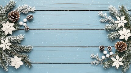 Wall Mural - Elegant Winter Holiday Decoration with Snowflakes, Pine Cones, and Flowers on a Blue Rustic Wooden Background