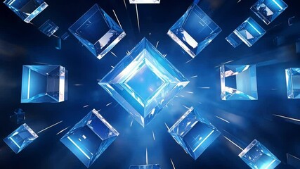 Poster - Abstract Blue Crystal Explosion: A captivating abstract background featuring a multitude of crystalline cubes, each emitting an ethereal blue glow.