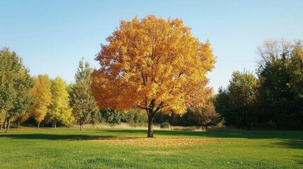 Poster - In a peaceful park, a magnificent orange tree stands tall, surrounded by green grass and other trees. Golden leaves whisper with the breeze, creating a picturesque autumn atmosphere