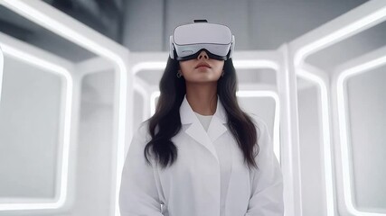 Poster - Innovative scientist lady experiences virtual reality technology in a sleek, modern environment