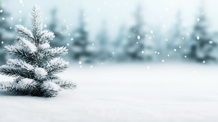 Wall Mural - Snowy Evergreen Tree in Winter Landscape with Soft Snowfall and Blurred Background of Frosty Pine Trees