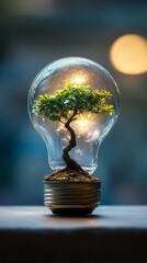 Poster - miniature tree inside a light bulb with glowing background, ecological innovation concept