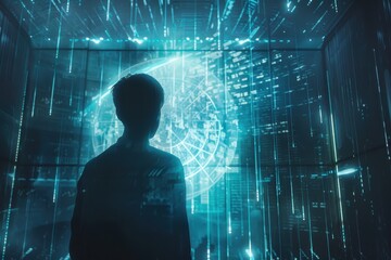 Fototapete - A young person observes a digital landscape filled with glowing data and futuristic patterns in an immersive tech environment during nighttime