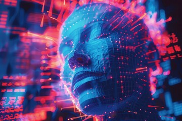 Fototapete - A young person observes a digital landscape filled with glowing data and futuristic patterns in an immersive tech environment during nighttime