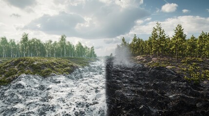 Poster - Contrasting polluted and pristine landscapes environmental study nature photography dual environments aerial view awareness