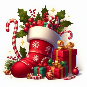 A red Christmas stocking with candy canes, gifts, and holly, set on a white background