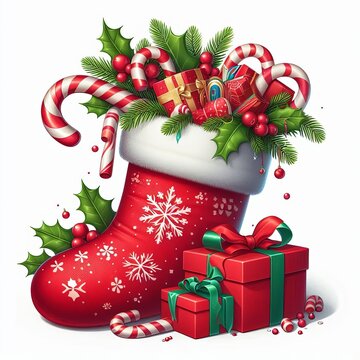 A red Christmas stocking with candy canes, gifts, and holly, set on a white background
