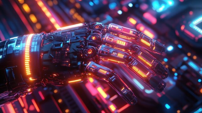 Cybernetic Hand: Neon Glow in a Futuristic Digital Landscape