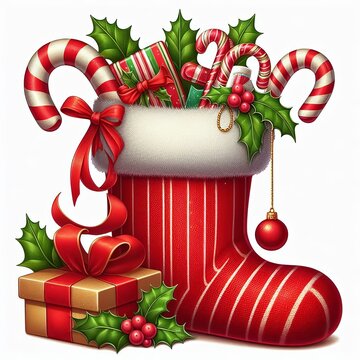 A red Christmas stocking with candy canes, gifts, and holly, set on a white background