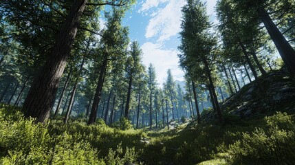 Poster - Explore majestic forest landscapes tall trees lush greenery and tranquil nature trails in wide-angle view