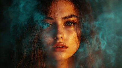 Poster - Captivating portrait of a woman surrounded by ethereal smoke studio setting dramatic lighting close-up perspective