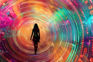 Fototapete - A person walks through a vibrant, swirling tunnel of color and light in a futuristic digital landscape filled with patterns and data visualizations