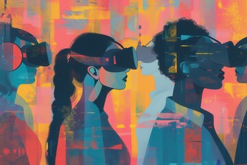 Fototapete - A person walks through a vibrant, swirling tunnel of color and light in a futuristic digital landscape filled with patterns and data visualizations