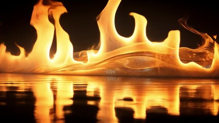 Aufkleber - Fiery Reflections: A mesmerizing display of fire dancing on a dark, reflective surface. The flames create a captivating interplay of light and shadow.