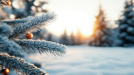 Wall Mural - Frosty Christmas Tree Branch with Ornaments and Sunset Over Winter Wonderland Landscape