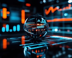 Crystal ball amidst a futuristic cityscape with financial charts projecting, sci fi style, Financial forecast, crystal ball with charts, urban economic forecast