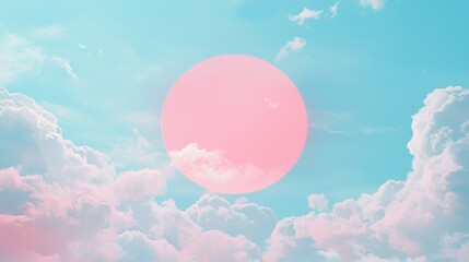 Aufkleber - A serene blue sky is filled with fluffy pastel clouds, softly illuminated by a large, gentle pink sun. This tranquil scene evokes feelings of peace and romantic charm in nature