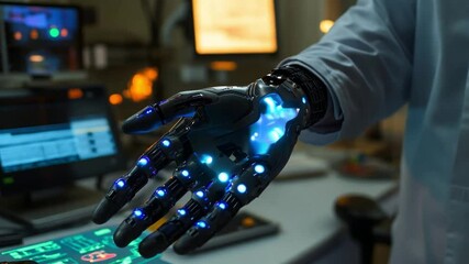 Poster - Futuristic robotic hand with glowing elements and advanced technology in a high-tech environment