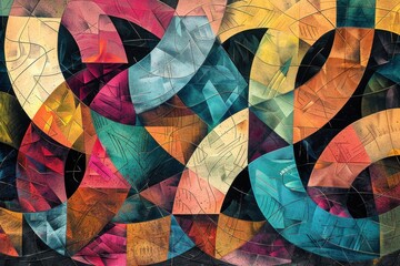 Poster - Colorful abstract geometric art featuring vibrant shapes and patterns on a black background displayed in an artistic space