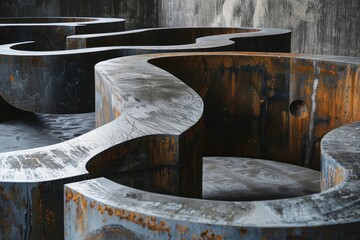 Poster - Artistic installation featuring a labyrinth of winding metal pathways inside an abandoned industrial warehouse during daylight