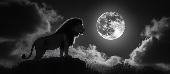 Wall Mural - A lone lion stands on a rock with the moon in the background, looking powerful and majestic.