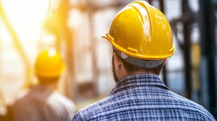 Poster - A professional manager engineer wearing a yellow hard hat stands in a modern industrial environment