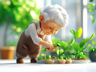 Wall Mural - Elderly Man Gardening 3D Digital Art Bokeh Background Nature Joyful Moments