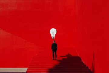 Wall Mural - businessman on red stairs holding light bulb, representing ideas and innovation in business