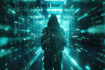 Fototapete - A solitary figure walks through a digital corridor illuminated by blue binary code in a futuristic environment during twilight hours