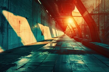 Poster - Mysterious interior with striking shadows cast through lattice window and circular opening in a minimalist space