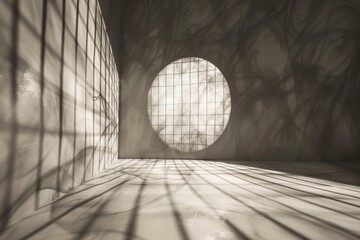 Poster - Mysterious interior with striking shadows cast through lattice window and circular opening in a minimalist space