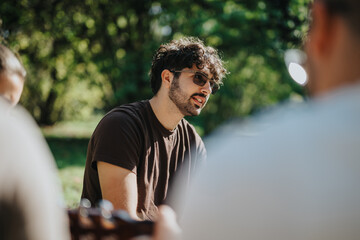 Wall Mural - A young man wearing sunglasses, enjoying a conversation with friends in the park. The sunlit atmosphere highlights a relaxed and joyful mood in an outdoor setting.