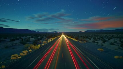 Poster - The long stretch of desert road is illuminated by the colorful streaks of car lights adding a touch of whimsy to the scene.