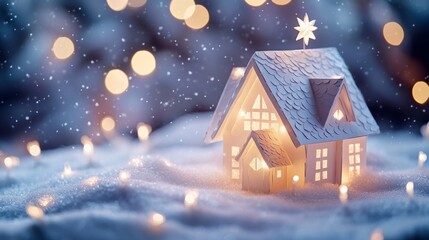 Poster - Festive Minimalist Paper-Crafted Building with Fairy Lights Christmas, Winter Solstice, New Year