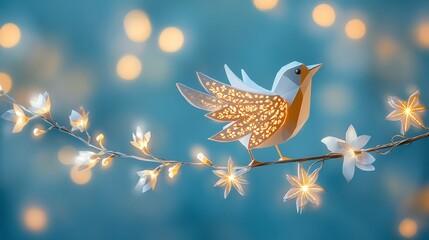 Poster - Minimalist Paper-Crafted Bird with Fairy Lights on Abstract Blue Background