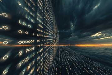 Poster - A digital landscape illustrating flowing data streams against a dramatic sunset sky, blending technology with nature's beauty
