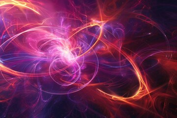 Fototapete - Colorful abstract representation of atomic particles interacting in a vibrant, swirling design, showcasing energy and motion against a dark backdrop