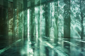 Poster - Sunlight filters through green glass walls in a modern architectural space, creating a serene atmosphere in an urban setting during the golden hour of late afternoon