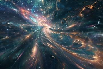 Poster - A vibrant cosmic landscape with glowing lights and swirling gas, visualizing the sensation of motion through a star-filled universe
